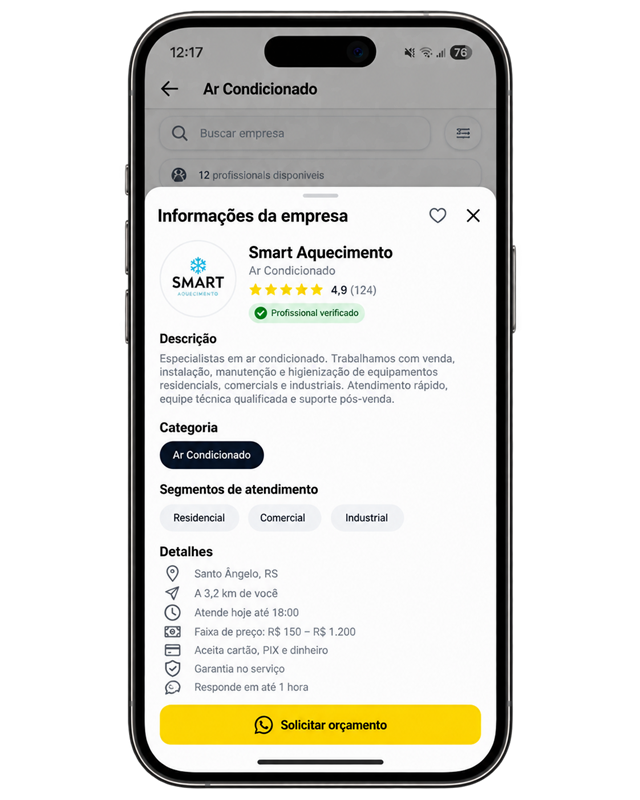 Ficha de uma empresa no aplicativo Resolve Aí, com avaliações e botão para solicitar orçamento