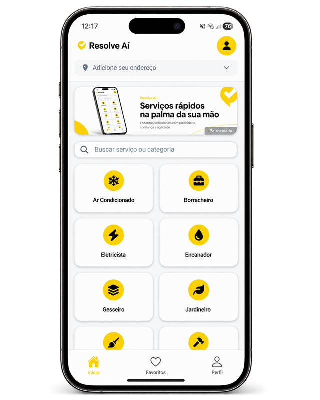Aplicativo Resolve Aí aberto na tela inicial, com busca e categorias de serviço